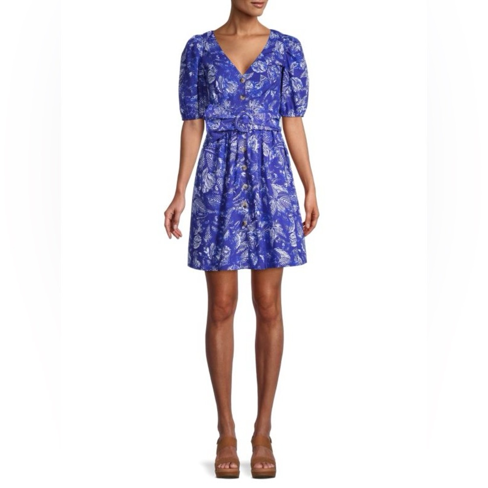 French Connection Besima Tropical-Print Button Flare Dress
